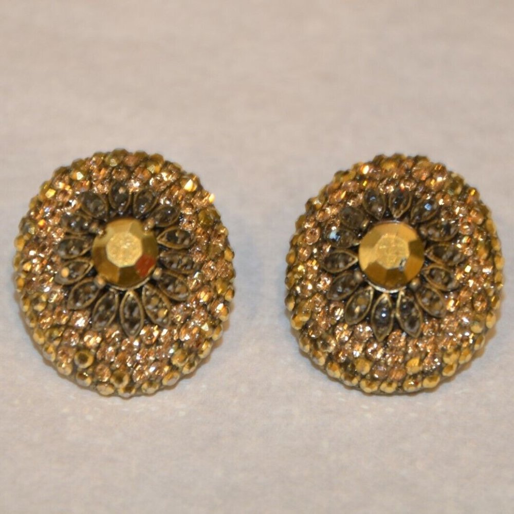 EVENING STATEMENT HOLIDAY JOSE & MARIA BARRERA BROWN GOLD OVAL CRYSTAL EARRINGS